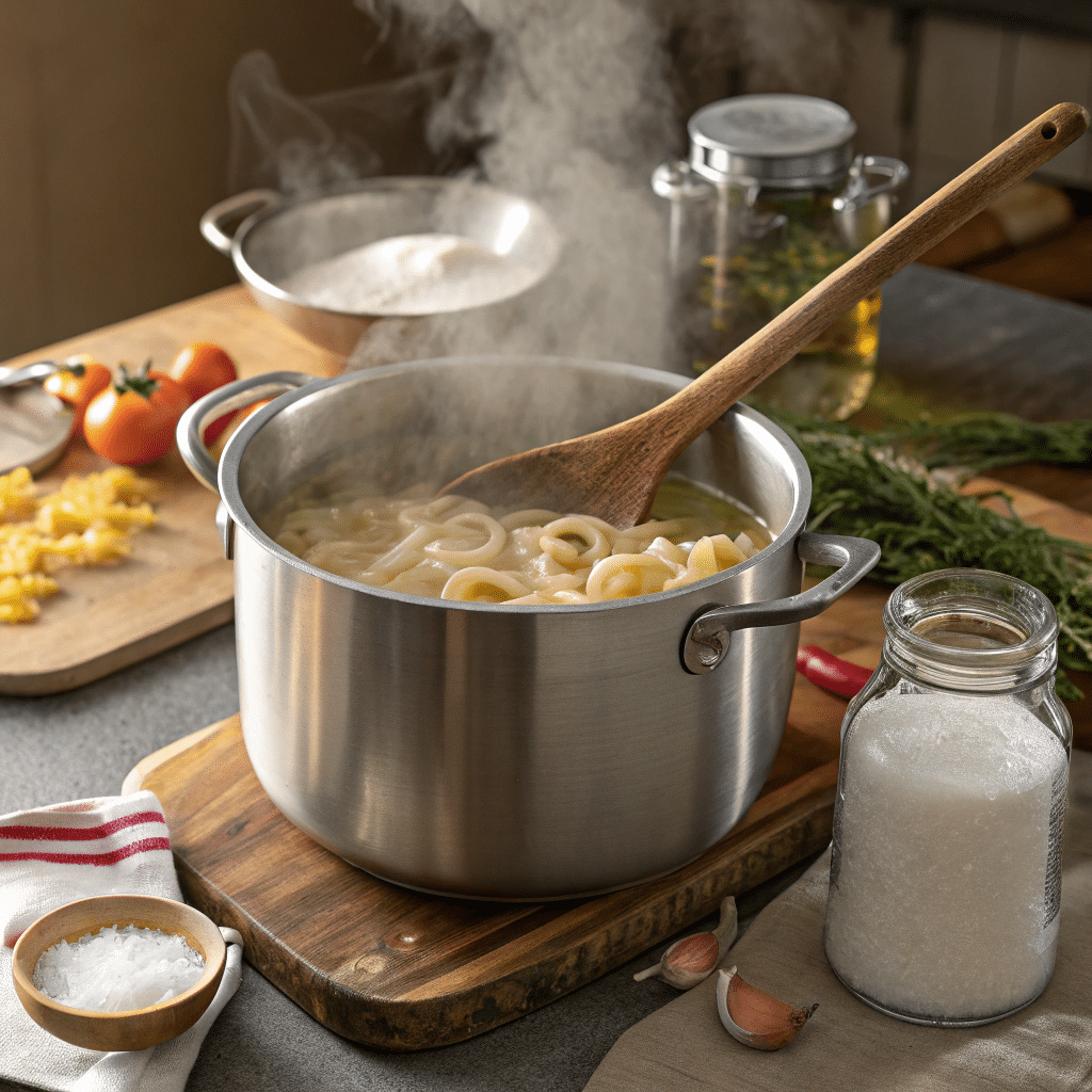 Cooking Pasta Properly for Italian Recipes Boiling salted water in pot for cooking pasta in Italian pasta recipes.