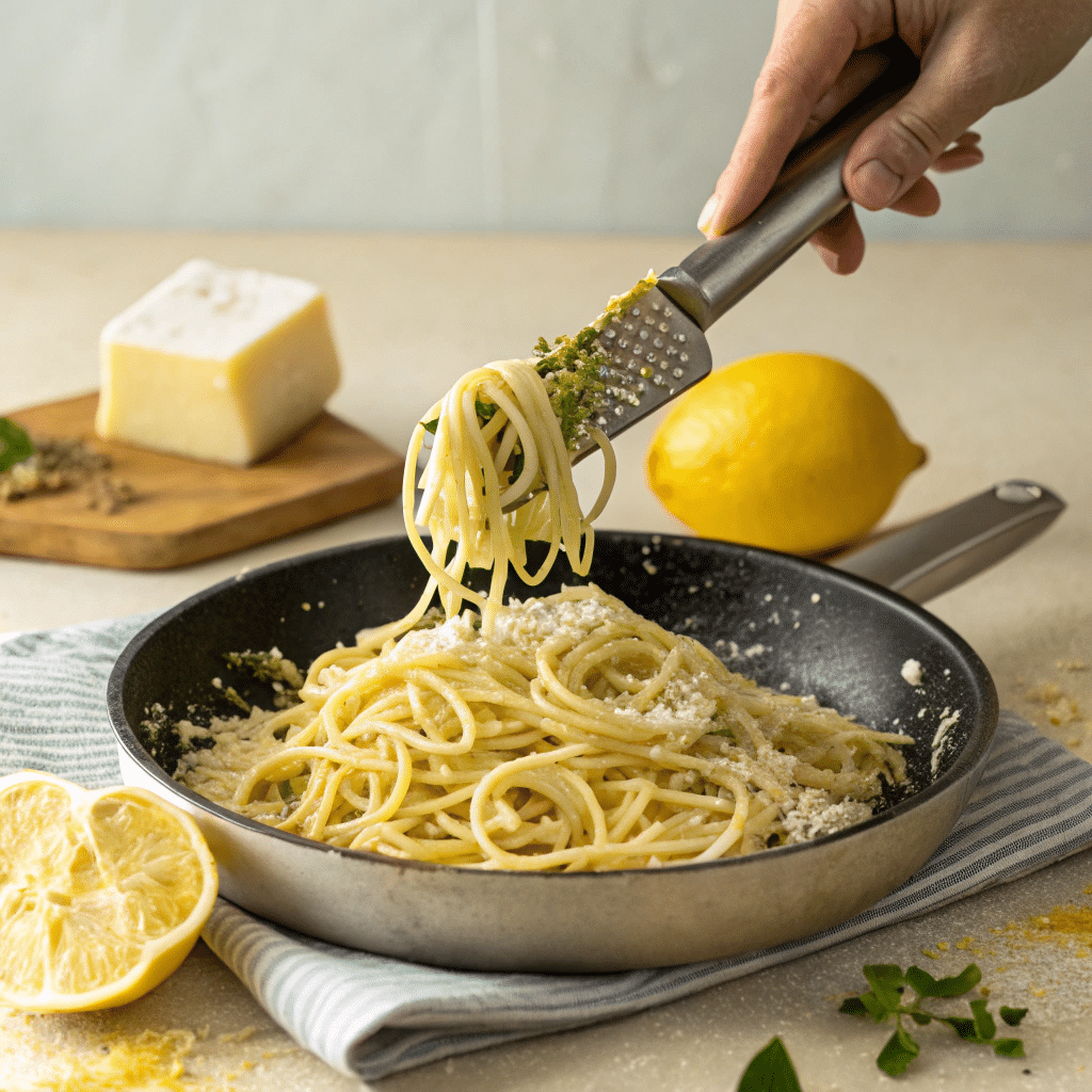 Quick and Creamy Pasta al Limone Pasta with lemon, butter, and cheese being tossed for Italian pasta recipes.