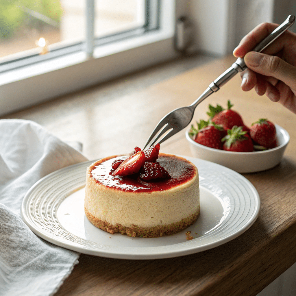 Low-Licious Cheesecake Crustless cheesecake slice with strawberry topping and used fork on the plate, in natural light.