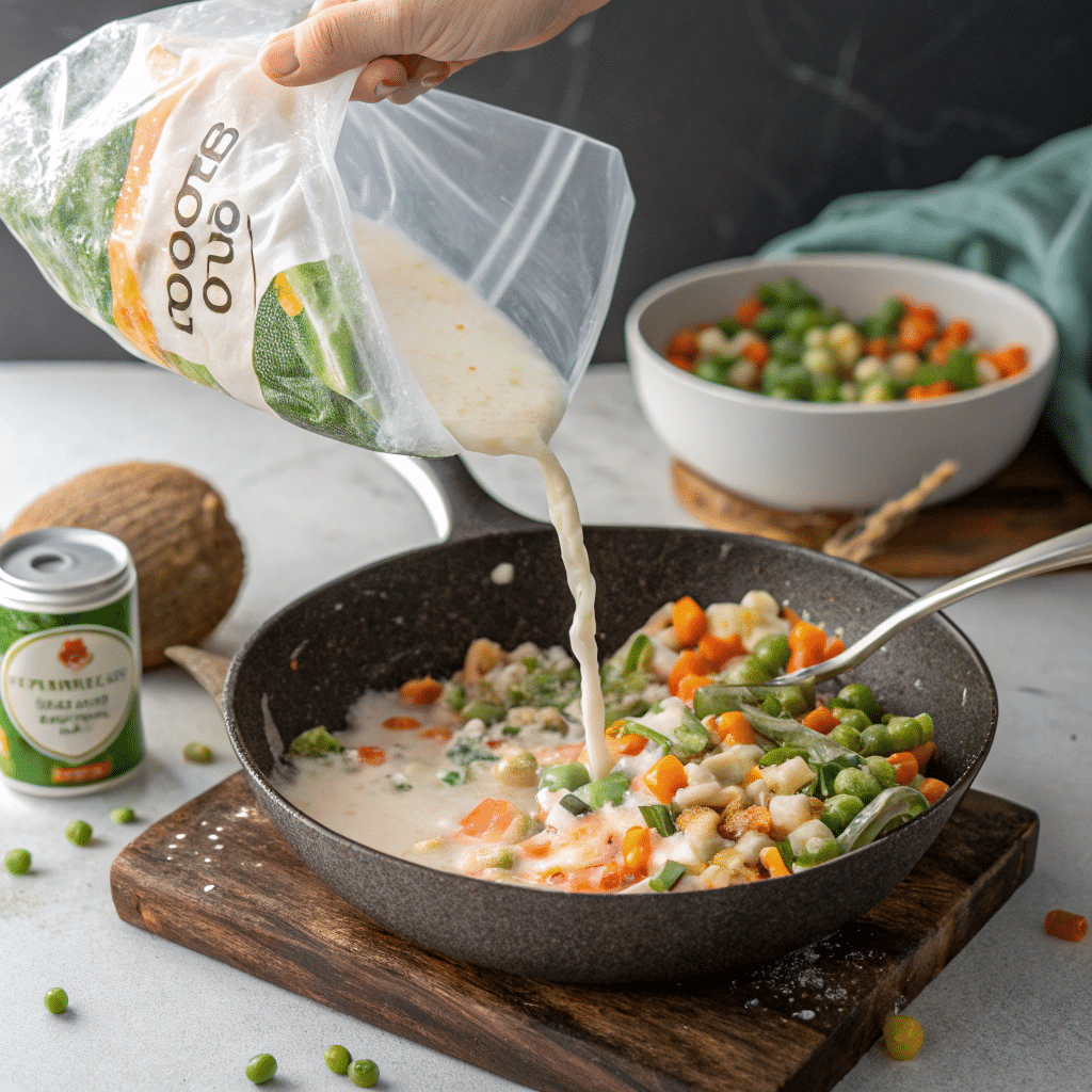 Adding Frozen Veggies and Coconut Milk Frozen veggies being dumped into soup pot with coconut milk, can nearby.