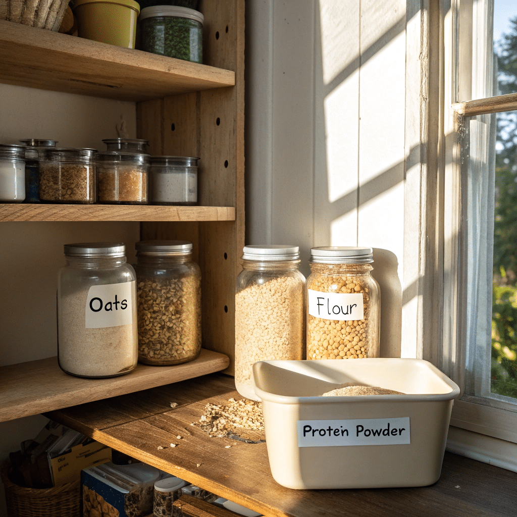 Protein Powder in the Everyday Pantry Open pantry with jars and protein powder among baking ingredients