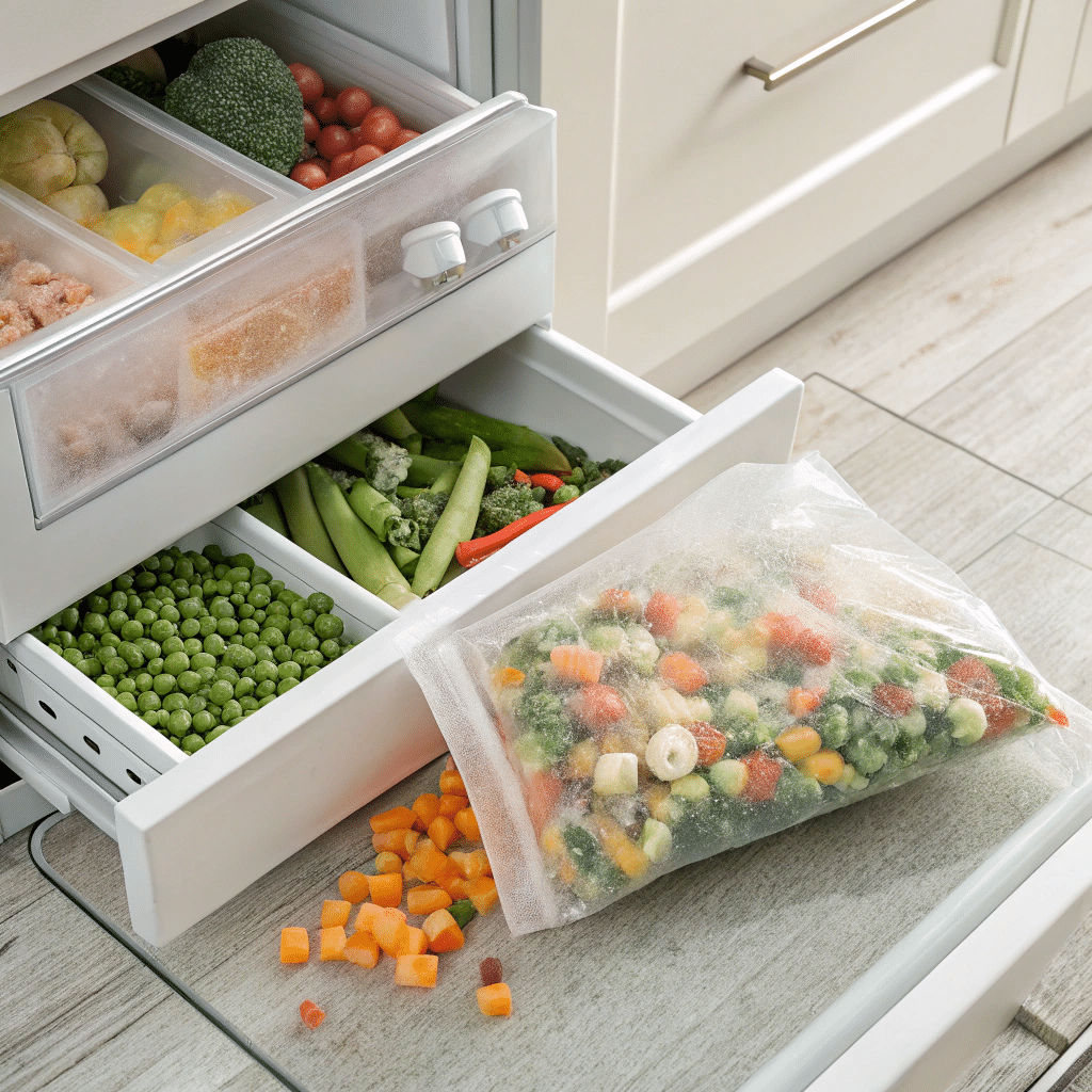 Frozen Veggies — A Time-Saving Staple Open freezer drawer with bag of frozen mixed vegetables.