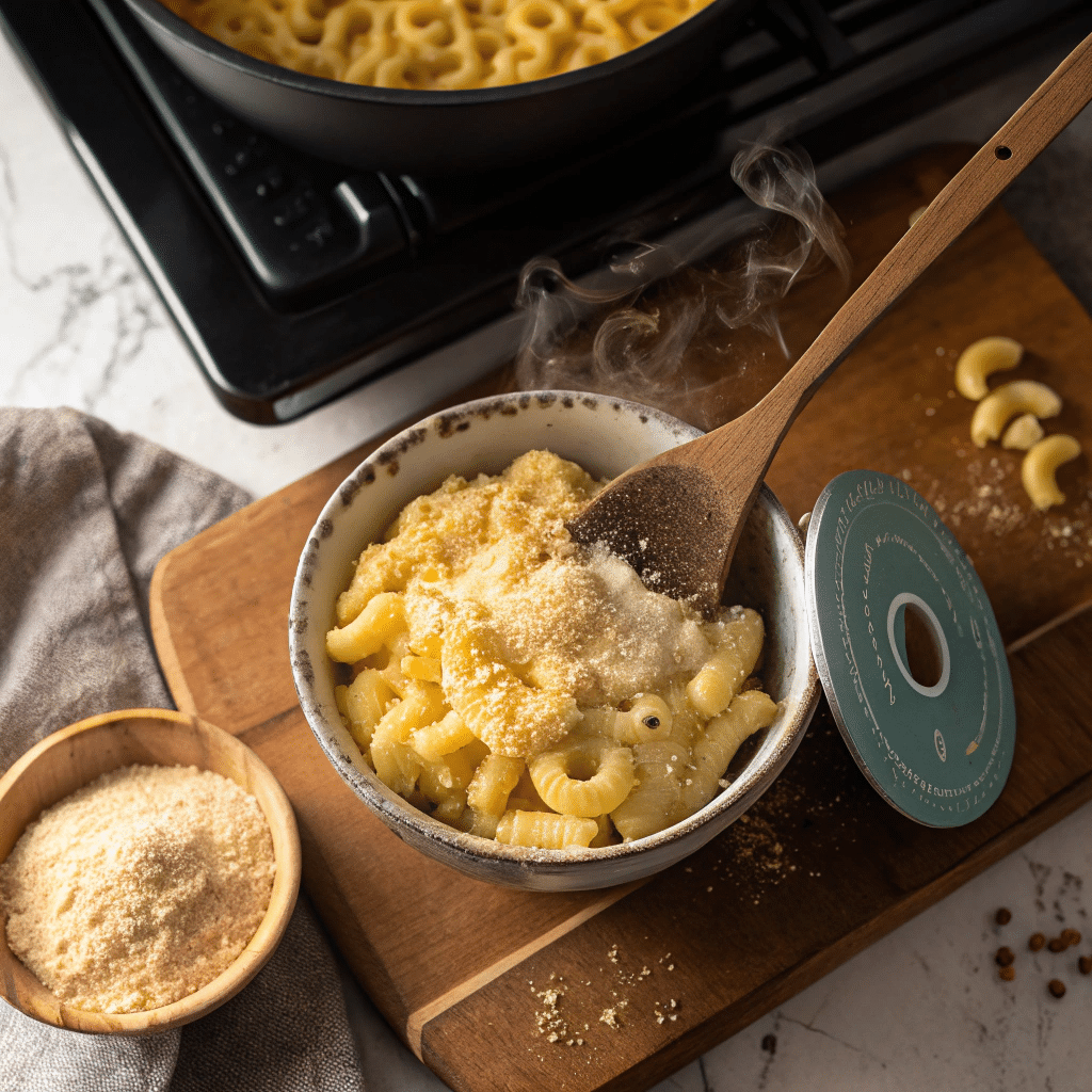 Homemade Mac and Cheese with a Protein Boost Mac and cheese in pot with scoop of protein powder beside it