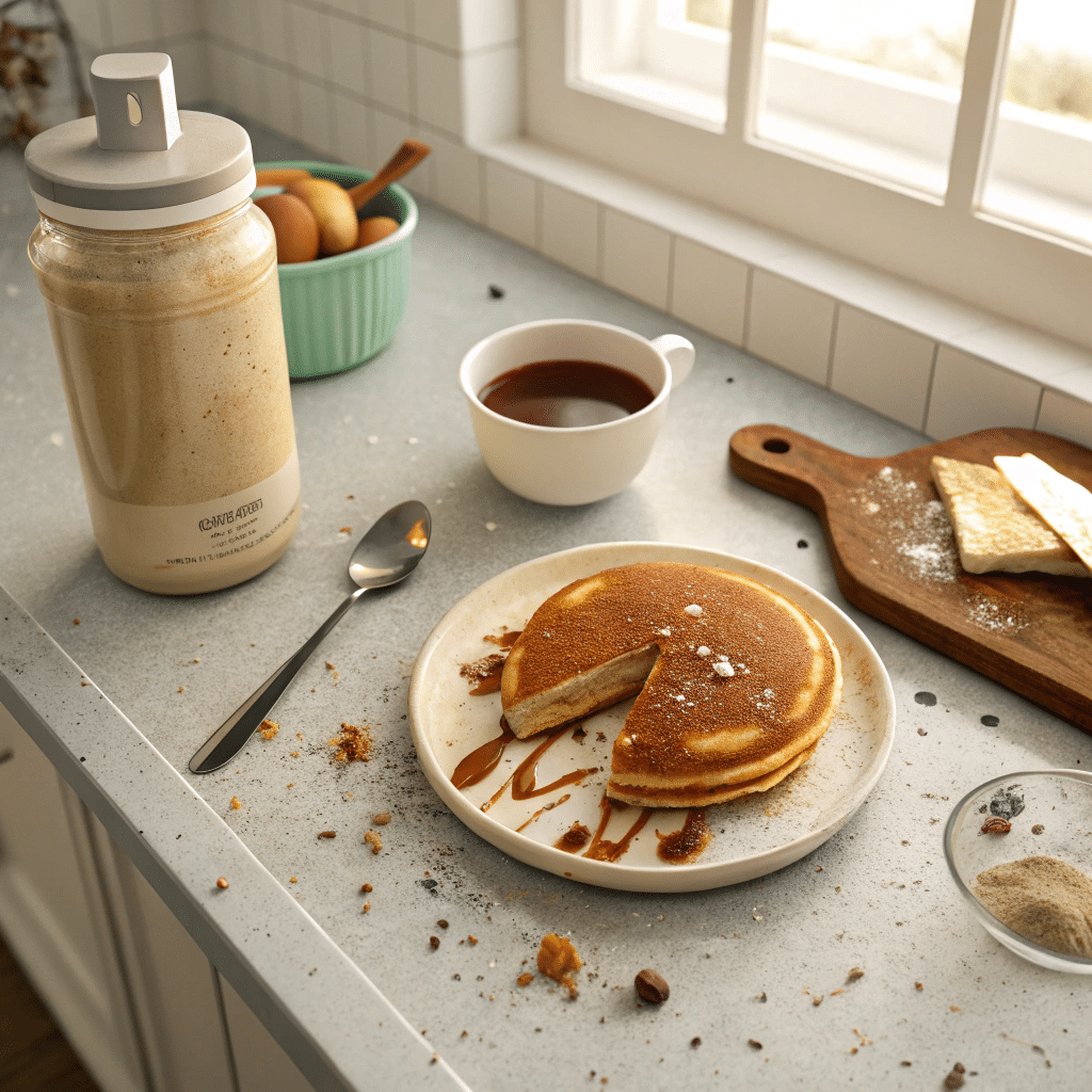 Real Morning with Pancakes and Protein Powder Messy breakfast table with pancakes and best recipes with protein powder in natural light