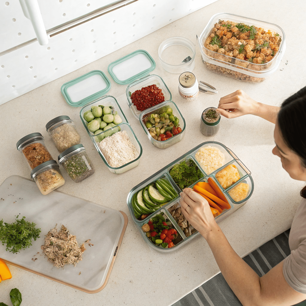 Simple Vegan Meal Prep Tools Using What You Already Own Counter with jars, reused containers, and meal prep boxes