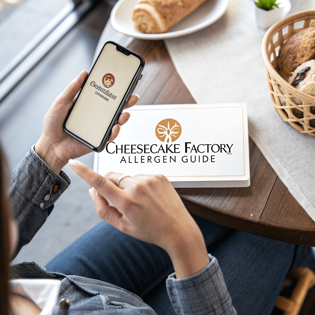 A phone screen showing the Cheesecake Factory allergen filter, held over a casual restaurant table with scattered items.