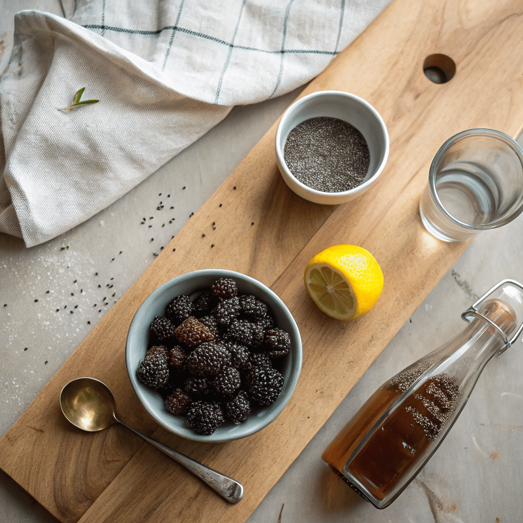 Overhead shot of frozen blackberries, chia seeds, halved lemon, maple syrup, and water on a wooden counter.