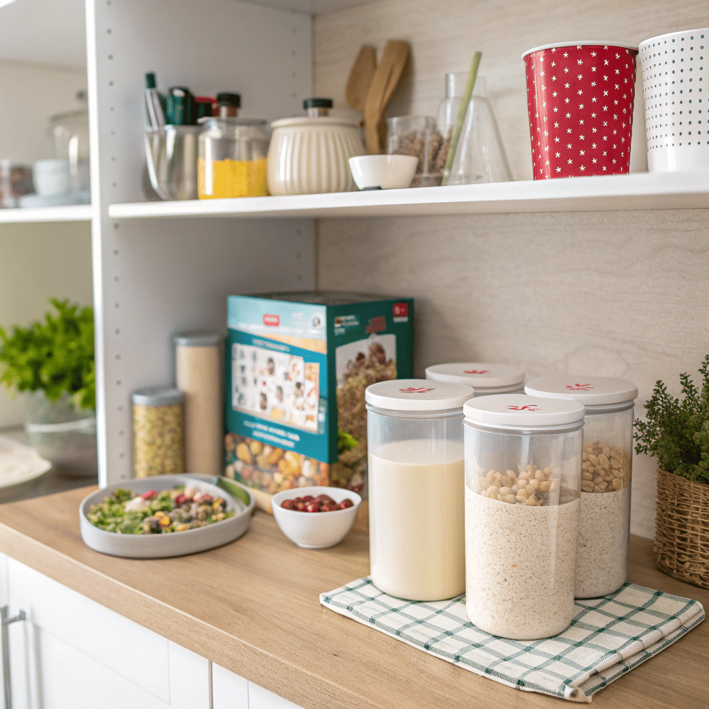 Home Pantry Featuring Multiple Protein Powders Pantry shelf with whey, pea, casein, and collagen protein powder containers