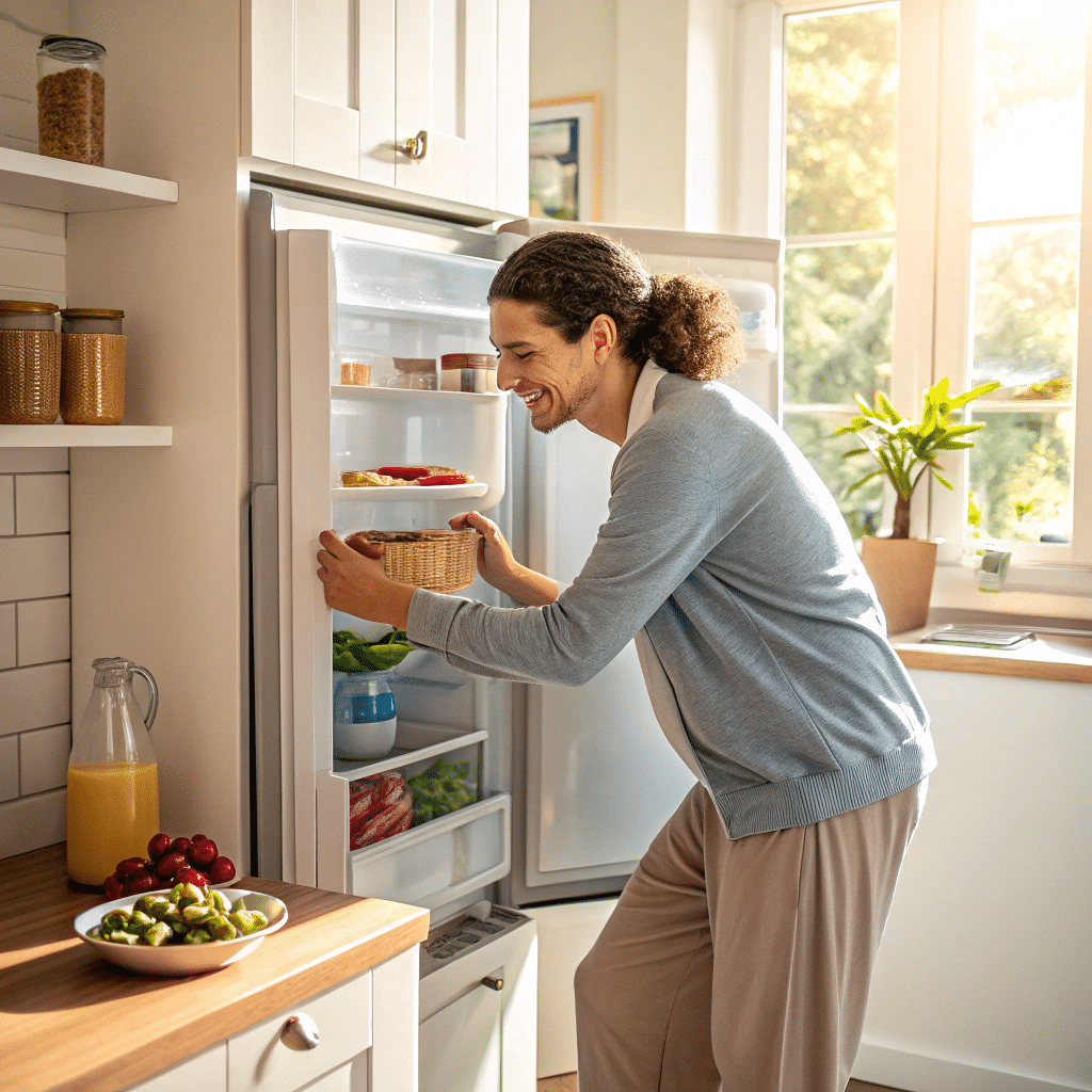 Opening the Fridge to Prepped Vegan Meals person opening fridge with a relaxed expression c