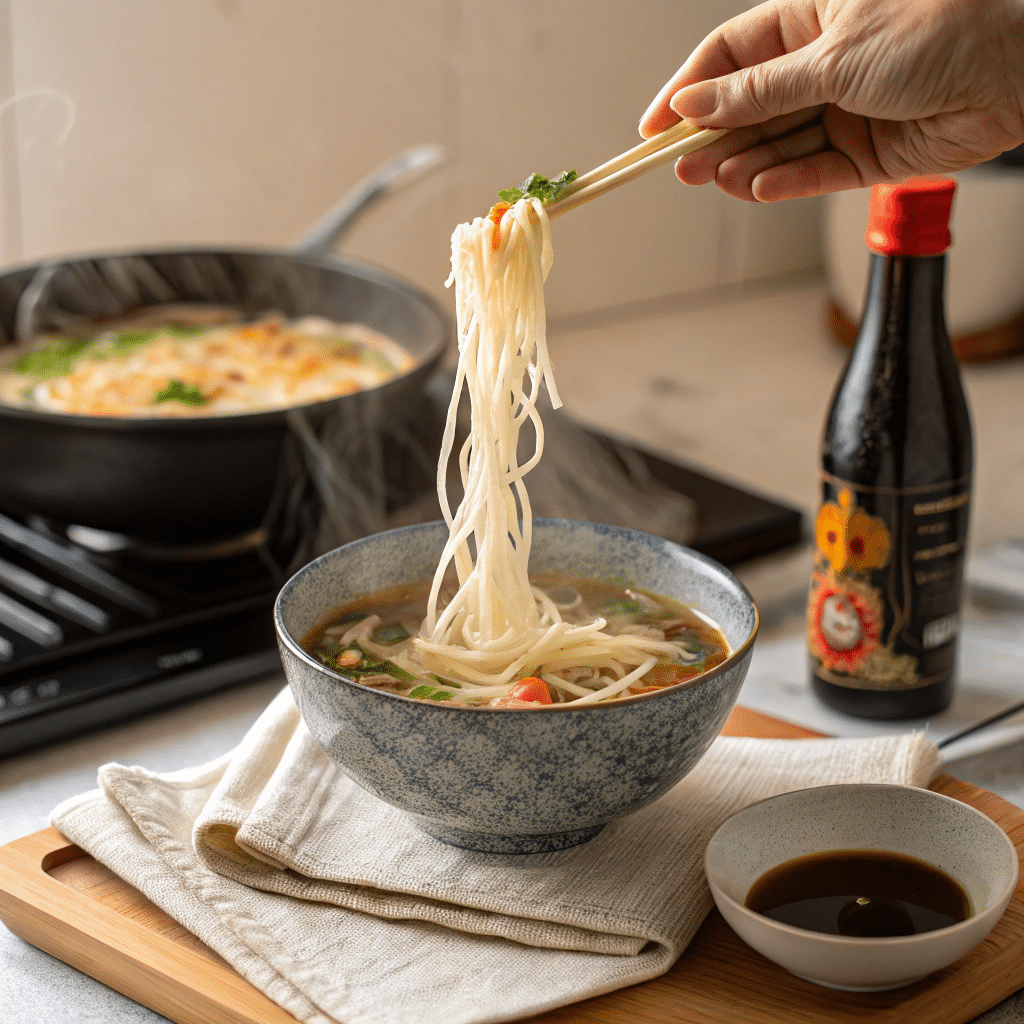 Dropping in the Noodles Hand adding rice noodles to soup with soy sauce bottle beside the stove.