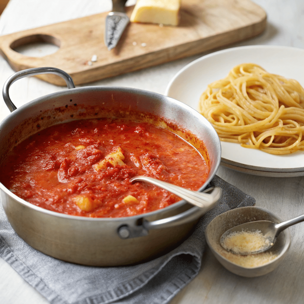 Spicy Amatriciana Sauce in Progress saucepan with bubbling tomato and guanciale sauce