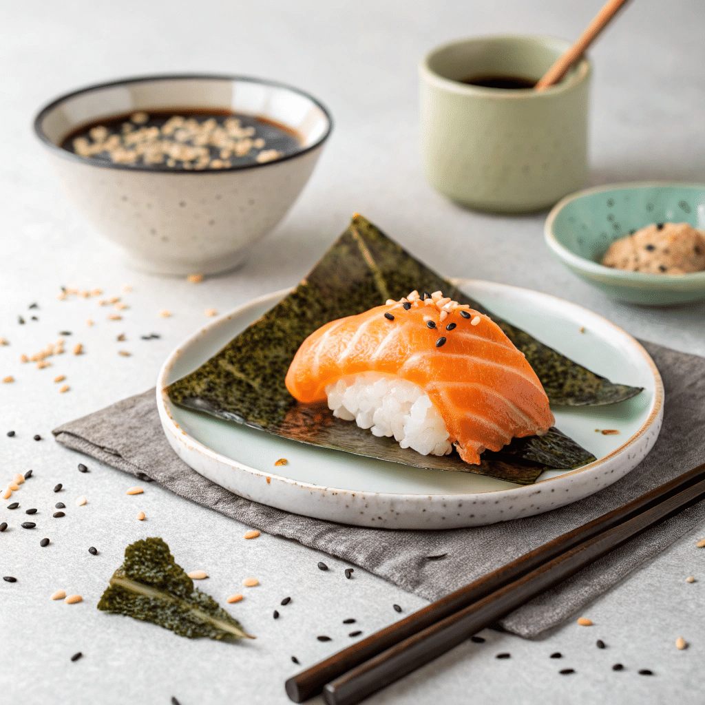 served-portion-of-salmon-sushi-bake-on-small-plate Salmon sushi bake with creamy topping and furikake