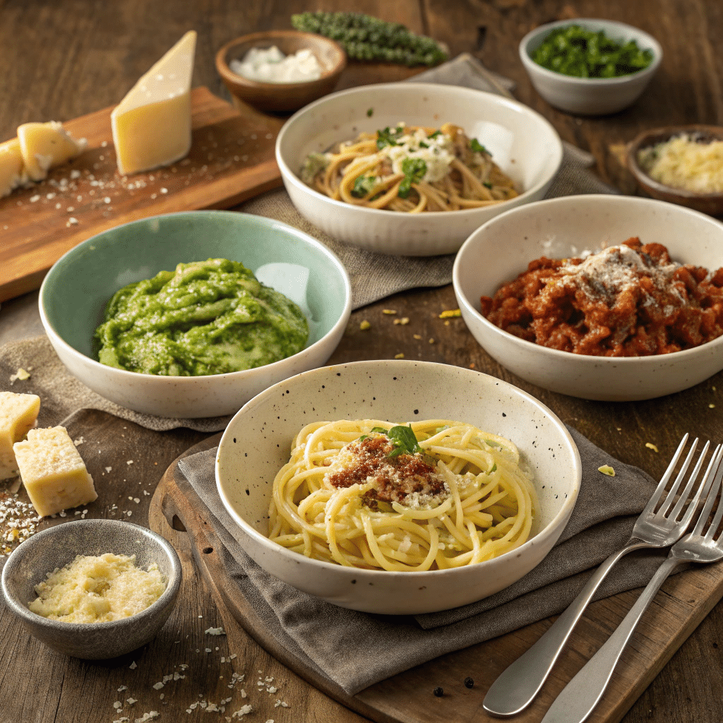 Assorted bowls of classic Italian pasta recipes served on a rustic dinner table.