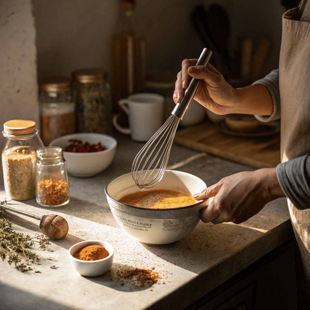 Whisking Protein Powder for a Smooth Soup Add-In Hands whisking protein powder into broth with kitchen mess in background