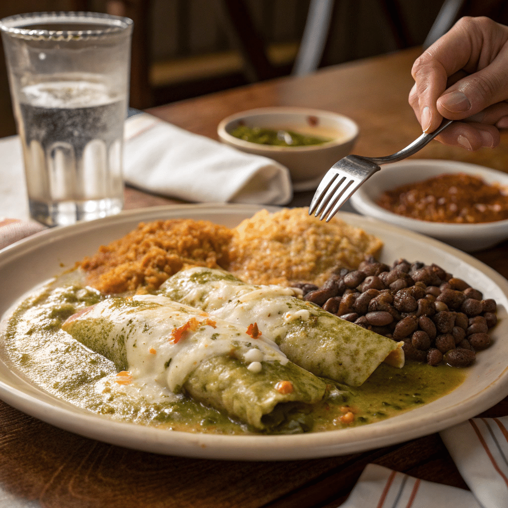 Gluten-Free Enchiladas Done Right Plate of enchiladas, rice, and beans, with a hand holding a fork mid-bite in a casual dining setting.
