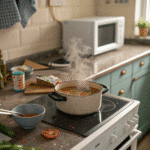 This Creamy Vegan Curry Soup Is Comfort in a Bowl 5 Pot with leftover vegan curry soup reheating, steam visible.