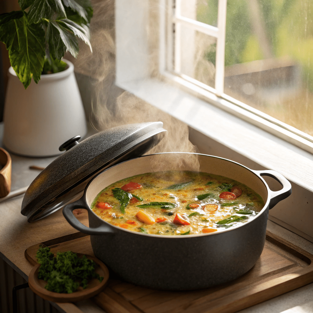 This Creamy Vegan Curry Soup Is Comfort in a Bowl 2 Vegan curry soup bubbling in a pot on the stove with steam rising.