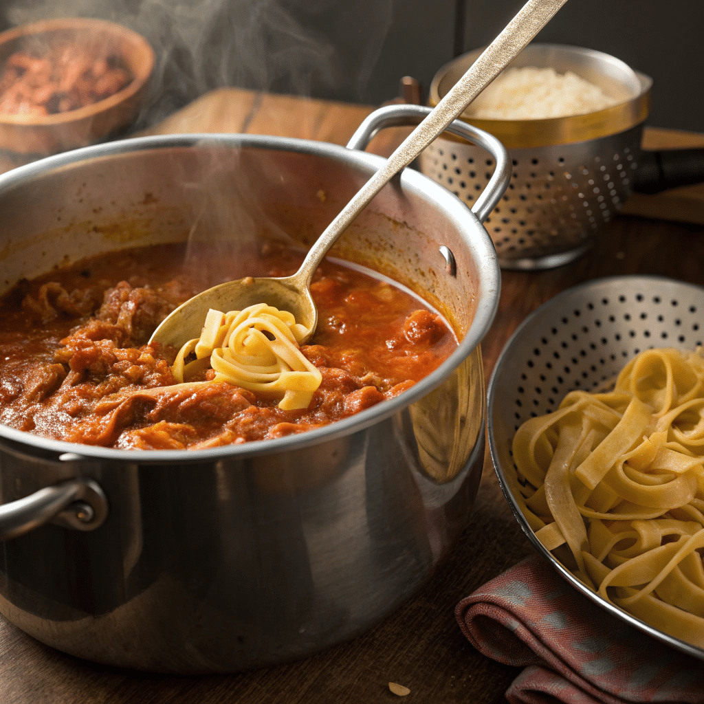Slow-Simmered Italian Meat Sauce thick rag simmering in a heavy pot with spoon res