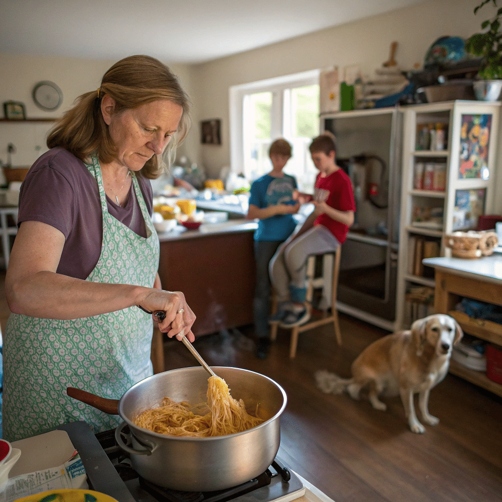 A Home Cook's Love for Italian Pasta Recipes Woman cooking Italian pasta recipes in a busy family kitchen with dog and kids nearby.