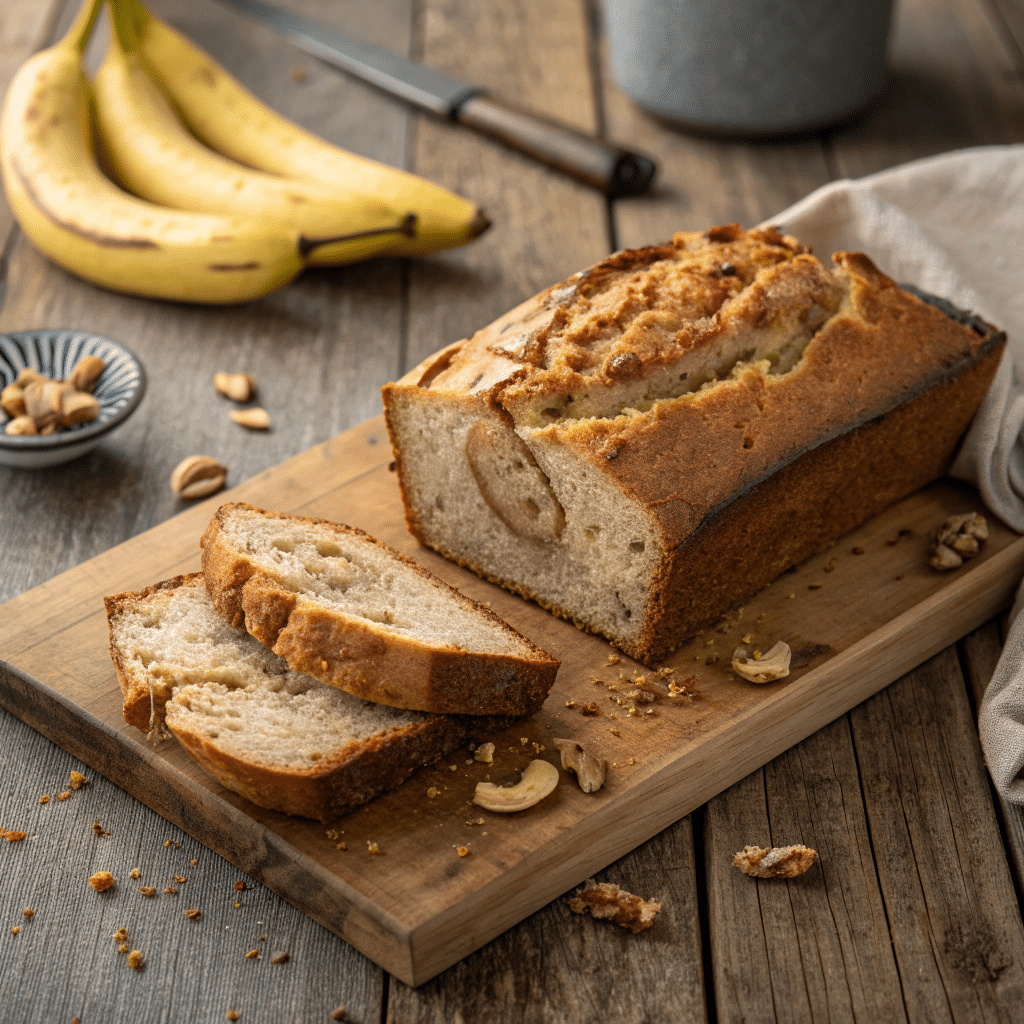 moist gluten free banana bread recipe on wooden table