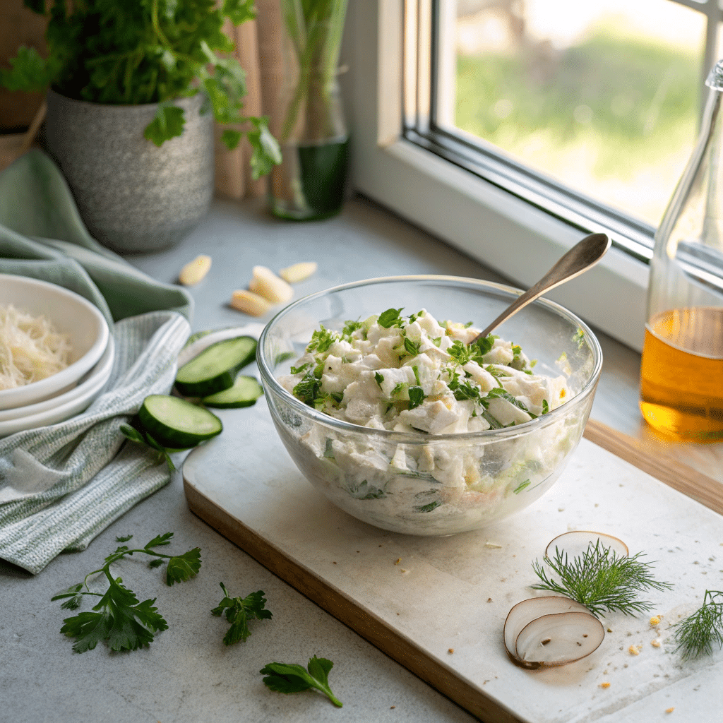 Why This Cucumber Chicken Salad Beats Every Other Recipe 2 Homemade cucumber chicken salad in a casual glass bowl with herbs and spoon, kitchen counter background.