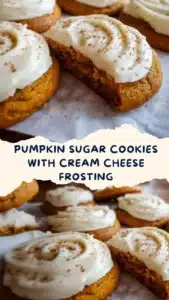 Pumpkin sugar cookies with cream cheese frosting on a plate.