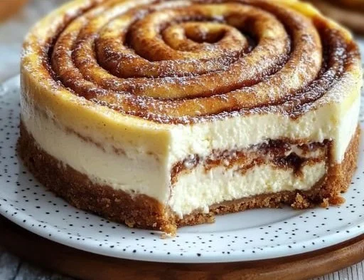 Delicious Cinnamon Roll Honeybun Cheesecake topped with cinnamon and caramel glaze
