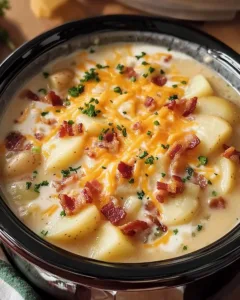 Bowl of creamy Crock Pot Crack Potato Soup with garnishes.