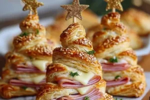 Ham and cheese puff pastry shaped like Christmas trees