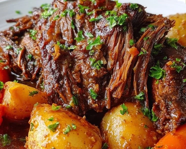 Delicious 5-star pot roast cooked in a slow cooker.