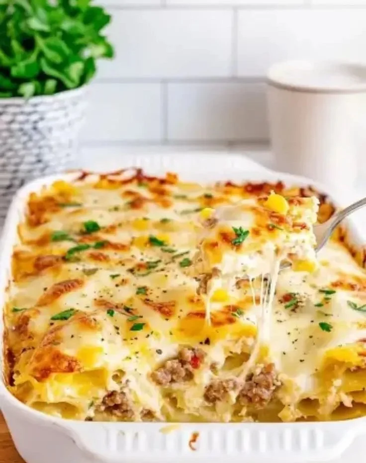 Breakfast Lasagna: A Hearty and Delicious Morning Casserole 3 A serving of Breakfast Lasagna topped with cheese and fresh herbs
