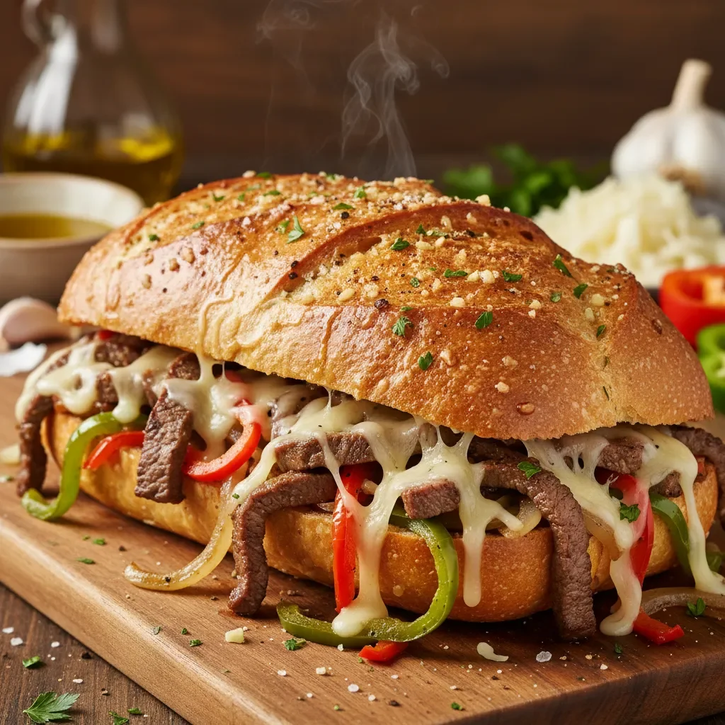 Cheesesteak-Stuffed Garlic Loaf 3 Cheesesteak stuffed garlic loaf served on a plate