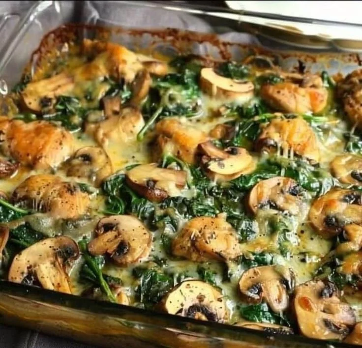 Low carb chicken spinach and mushroom oven dish ready to serve