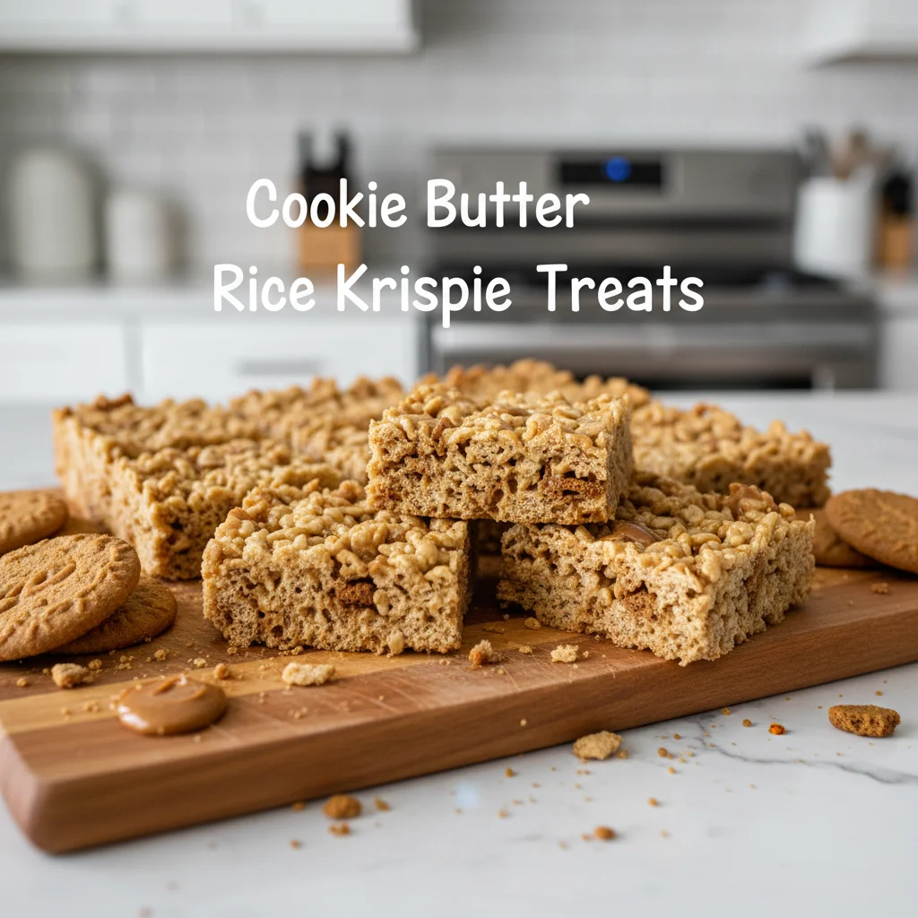 Cookie Butter Rice Krispie Treats 3 Delicious Cookie Butter Rice Krispie Treats stacked on a plate