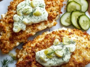 Plate of crispy Parmesan chicken garnished with herbs and served with sides