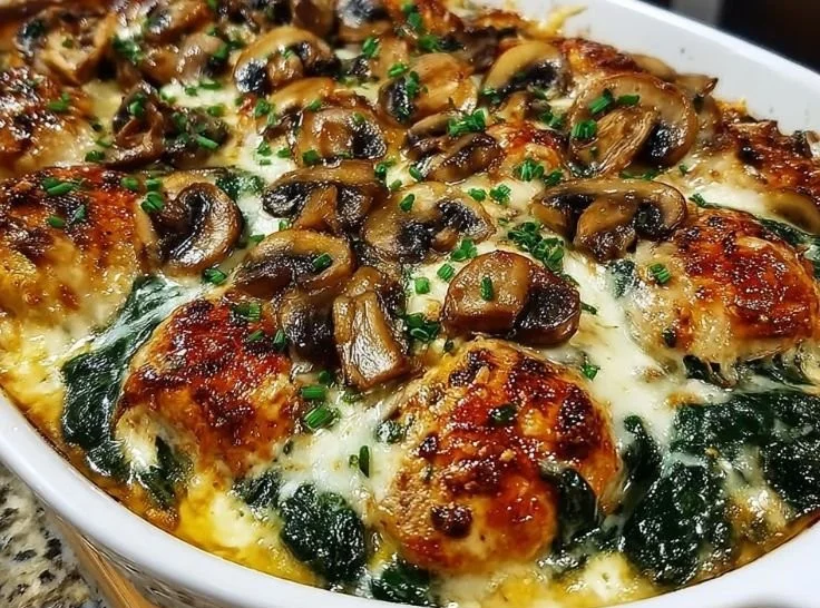 Easy Low Carb Chicken Spinach & Mushroom Bake! 3 Delicious low carb chicken spinach and mushroom bake ready to serve