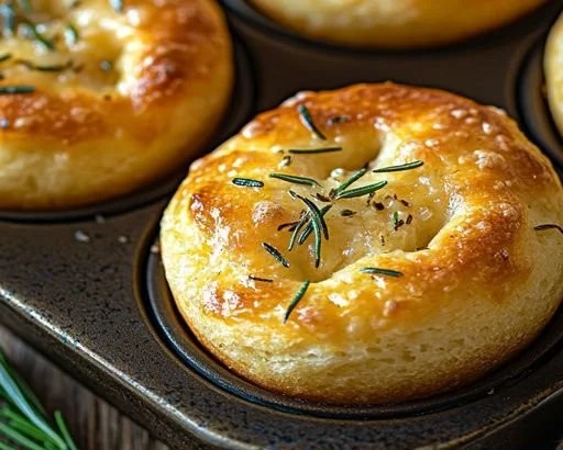 Garlic Rosemary Focaccia Muffins 3 Garlic rosemary focaccia muffins freshly baked and garnished with herbs