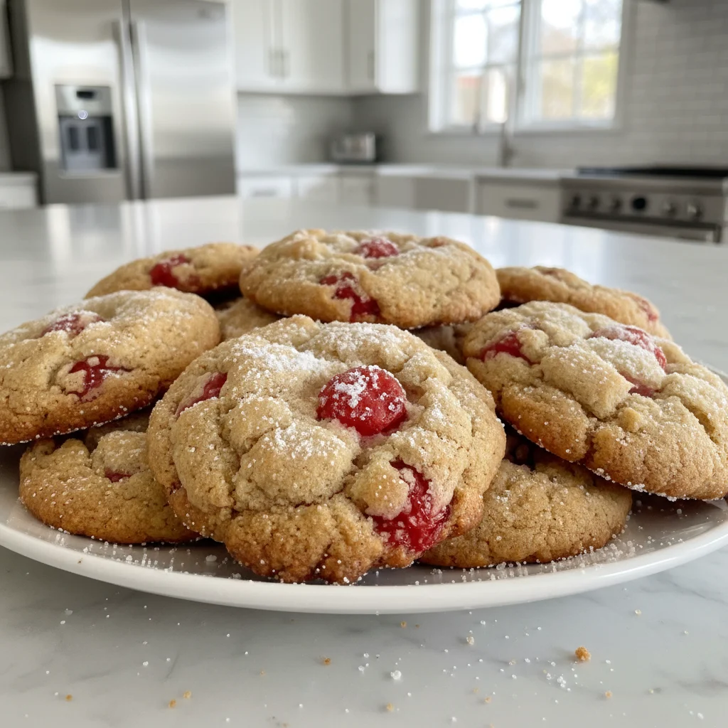 Maraschino Cherry Cookies 3 Freshly baked maraschino cherry cookies on a cooling rack
