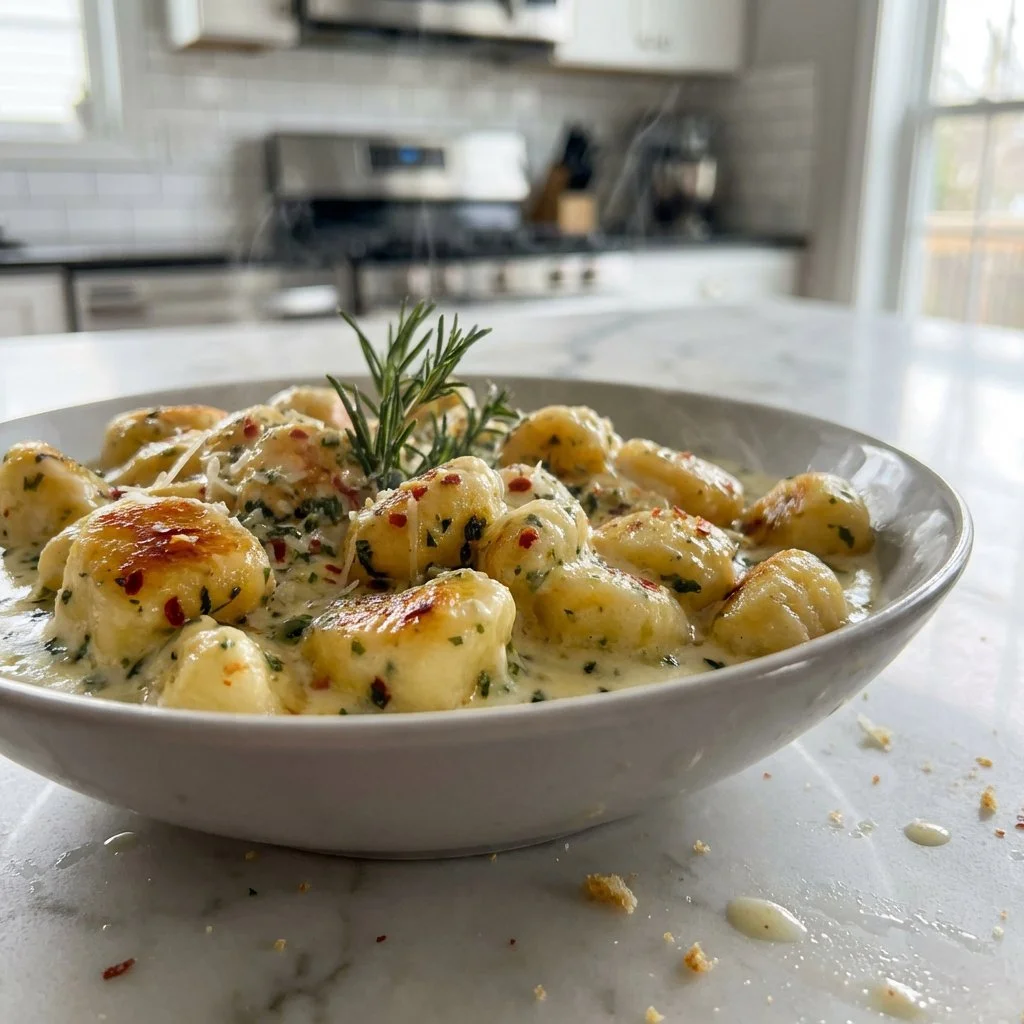 Millionaire Gnocchi With Creamy Sauce 3 Plate of Millionaire Gnocchi with Creamy Sauce garnished with herbs