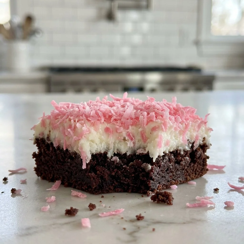 Pink Coconut Snowball Cake Bars: A Sweet Delight to Try! 3 Delicious Pink Coconut Snowball Cake Bars on a white plate