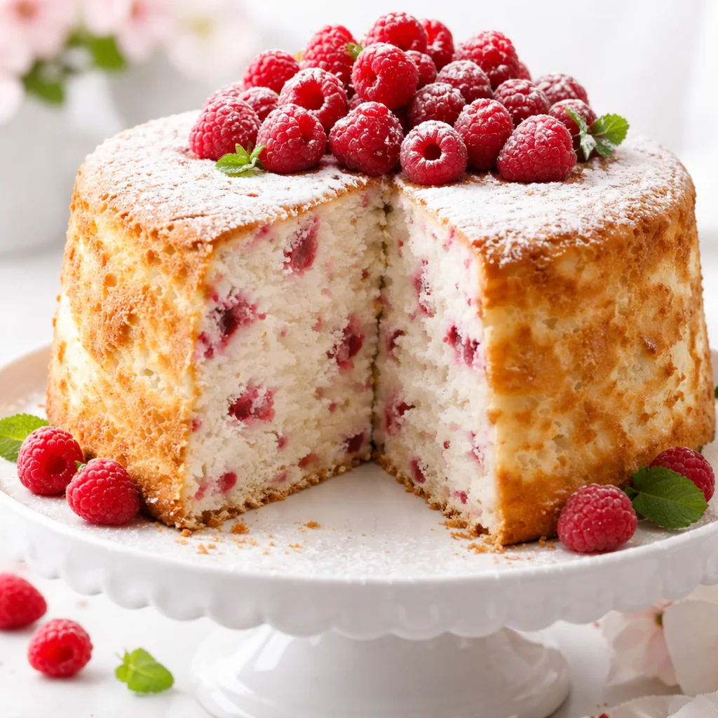 Raspberry Angel Food Cake 3 Delicious Raspberry Angel Food Cake topped with fresh raspberries and whipped cream