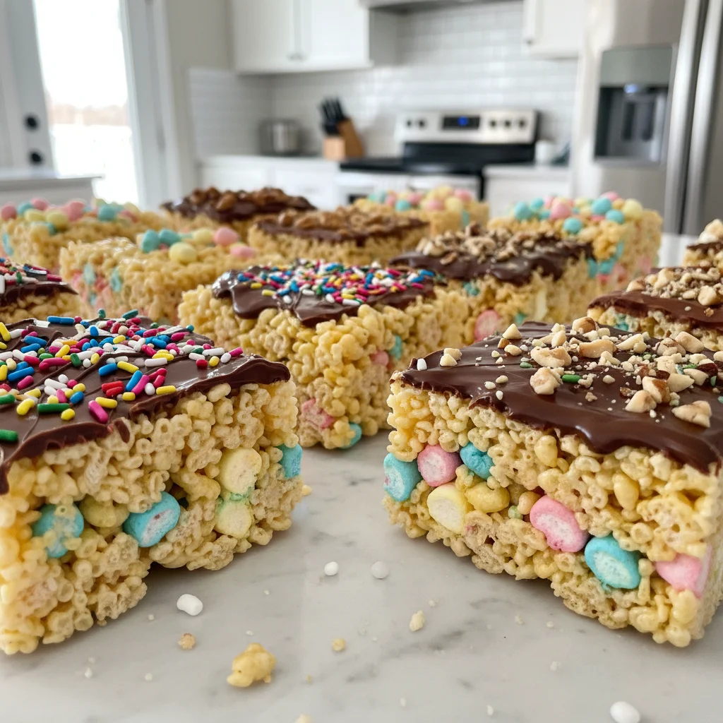 Rice Krispie Squares 3 Homemade Rice Krispie Squares arranged on a platter with colorful sprinkles