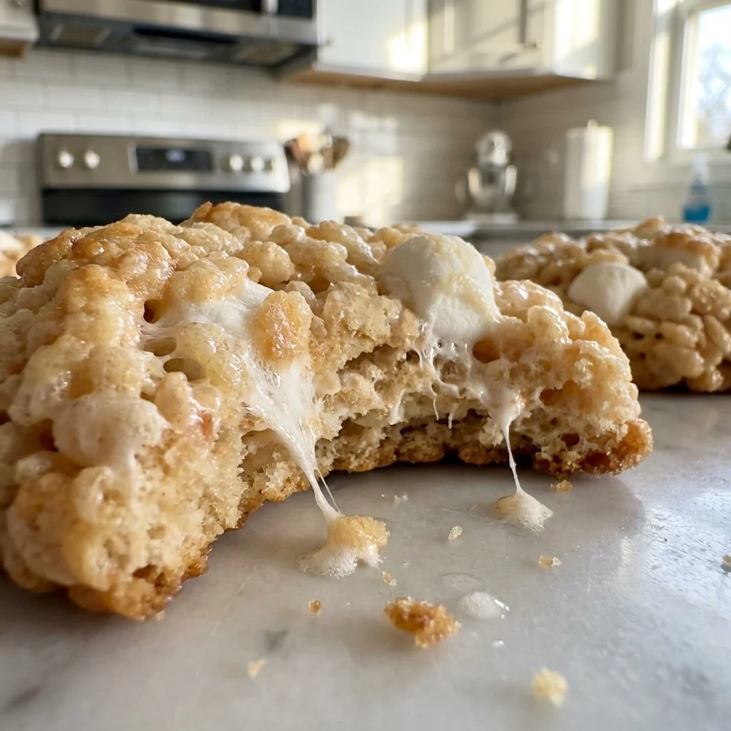 Rice Krispie Treat Cookies 3 Delicious Rice Krispie Treat Cookies stacked on a plate, showcasing their gooey texture.