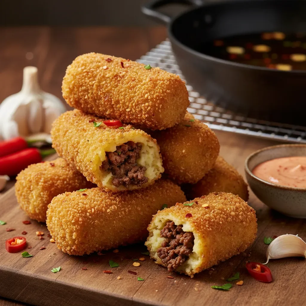 Spicy Garlic Beef Croquettes 3 Spicy garlic beef croquettes served on a plate with garnishes