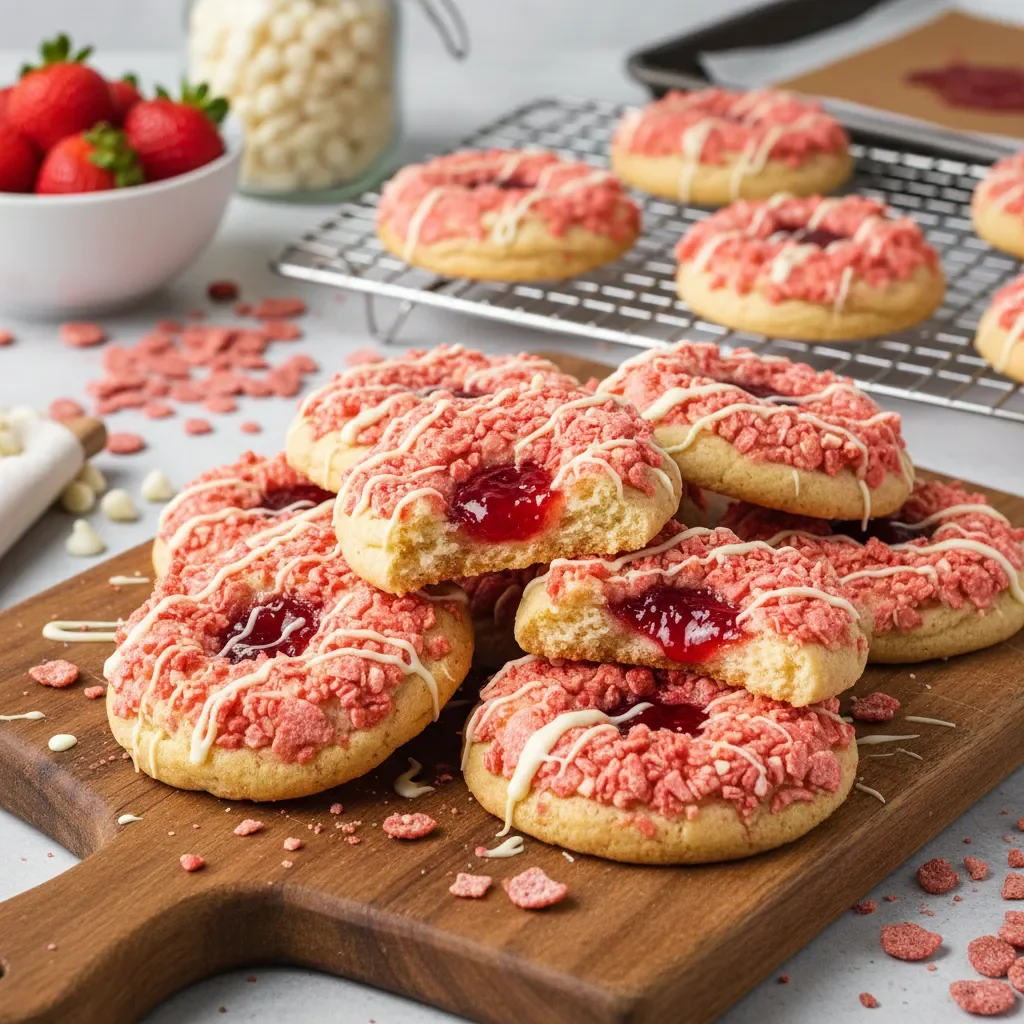 Strawberry Crunch Cookies 3 Delicious strawberry crunch cookies on a plate with fresh strawberries