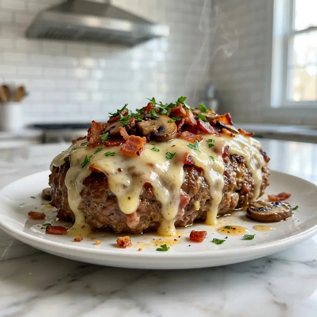 Swiss Beef Bacon Mushroom Meatloaf 3 Delicious Swiss Beef Bacon Mushroom Meatloaf served with side dishes