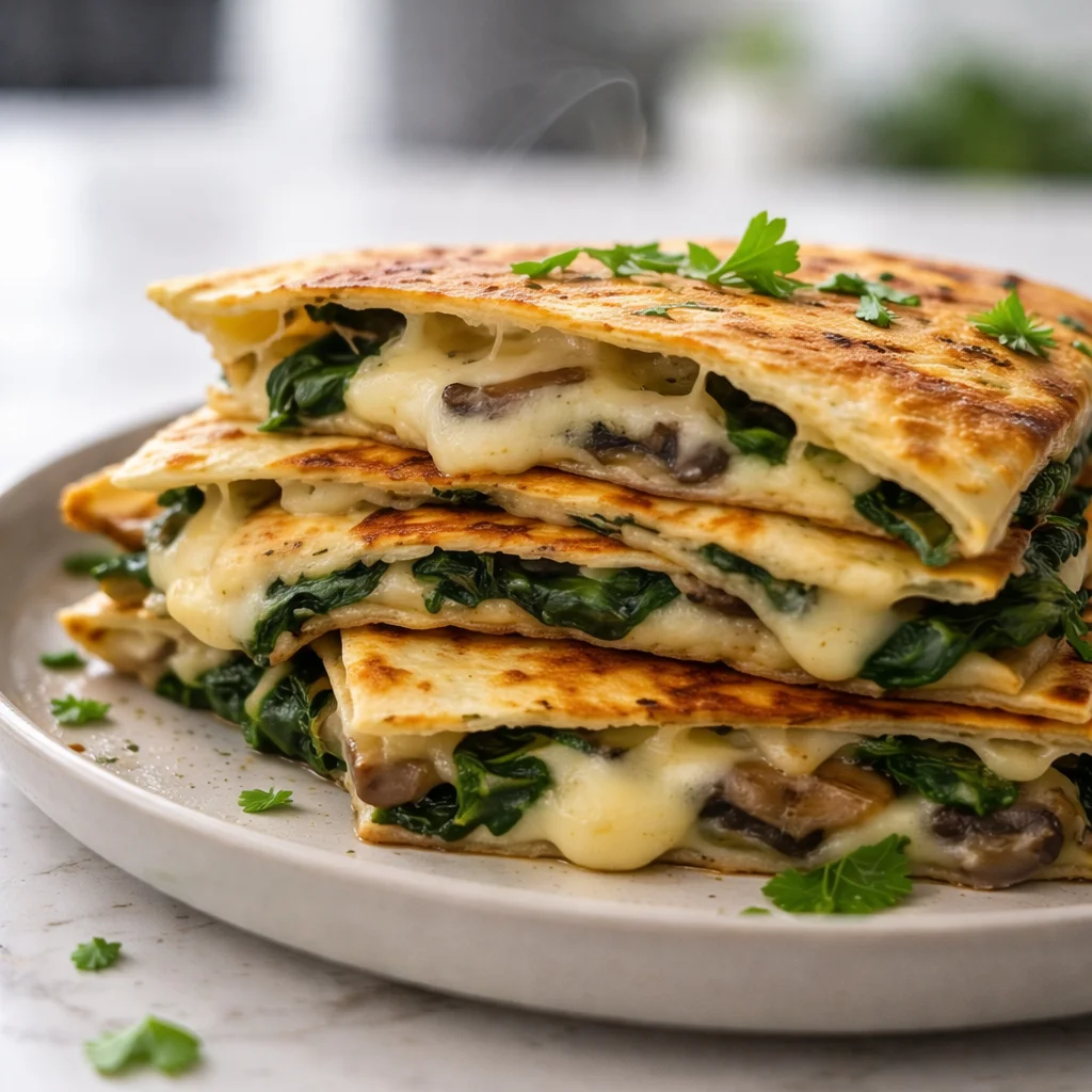 Baked Spinach Mushroom Quesadillas 3 Baked spinach mushroom quesadillas served on a plate