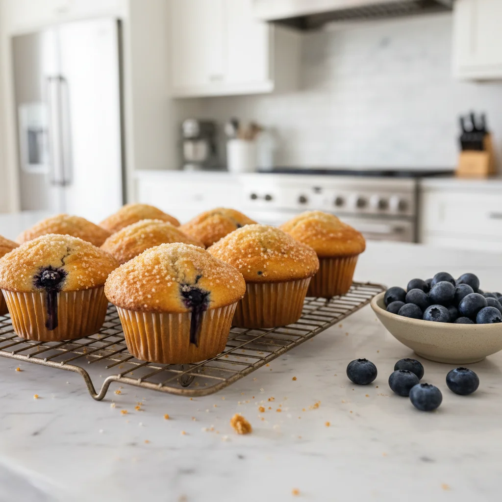 Bakery Style Blueberry Muffins 3 Freshly baked bakery style blueberry muffins with juicy blueberries