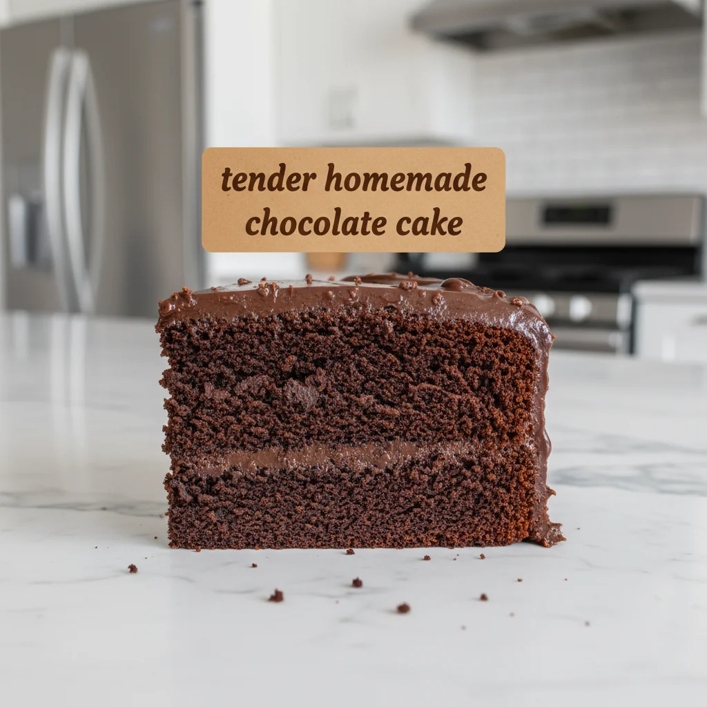 Delicious homemade chocolate cake topped with rich chocolate frosting