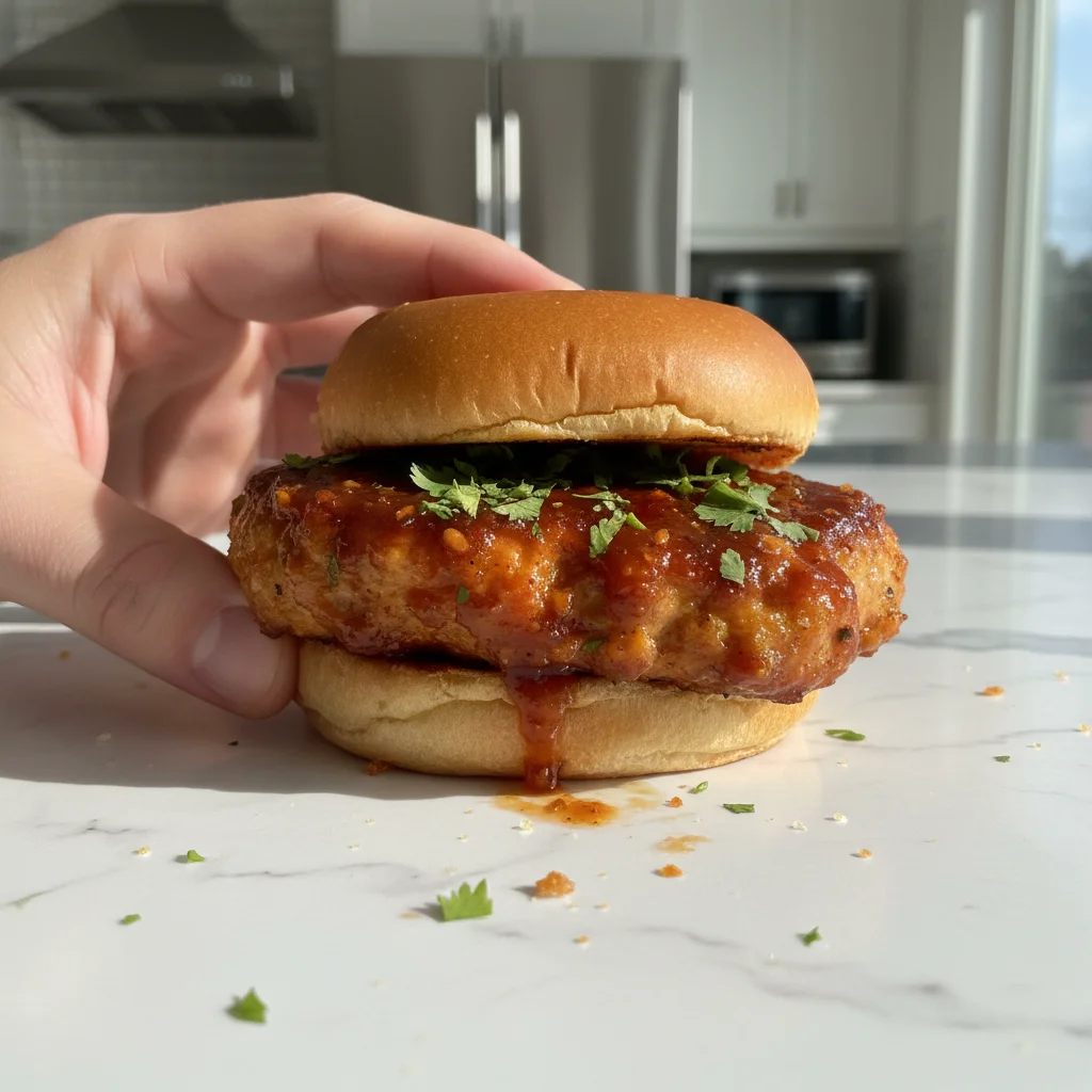 Honey Chipotle Garlic Chicken Sliders 3 Delicious Honey Chipotle Garlic Chicken Sliders on a plate, garnished with fresh herbs.